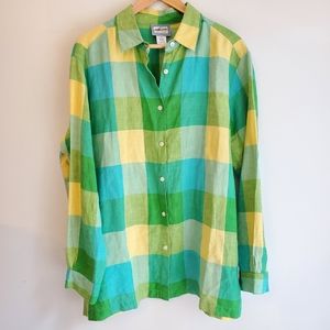 Pendleton 100% Linen green plaid long sleeve shirt